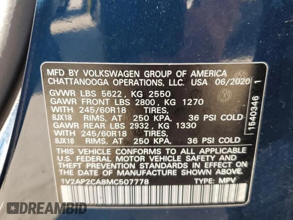 2021 Volkswagen Atlas S z VIN 1V2AP2CA8MC507778, wystawiony jako Copart lot #72031784 z przebiegiem 62 729 mil mil oraz Czysty tytuł • Clean title. Historia ofert i sprzedaży dostępna na DreamBid. Obrazek 13.