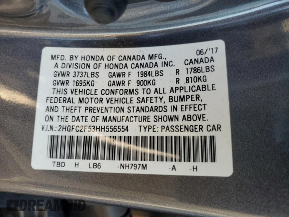 2017 Honda Civic Sedan LX with VIN 2HGFC2F53HH556554, listed as a Copart auction lot 83410924 with 82,924 mi miles and Salvage Title. Bid and sale history available at carsss.com. Image 14.