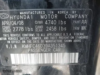 2009 Hyundai Azera GLS with VIN KMHFC46D39A351345, listed as a IAAI auction lot 41974507 with 138,174 mi miles. Bid and sale history available at carsss.com. Image 9.