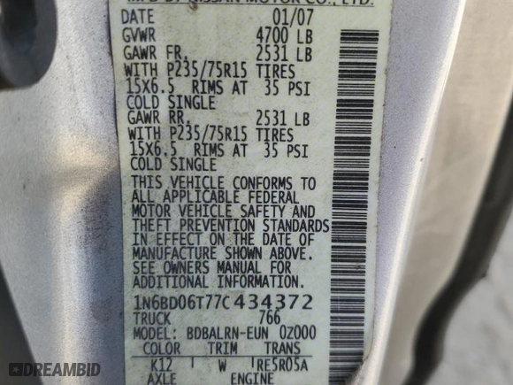2007 Nissan Frontier XE with VIN 1N6BD06T77C434372, listed as a Copart auction lot 49135115 with 242,312 mi miles and Salvage Title. Bid and sale history available at carsss.com. Image 12.
