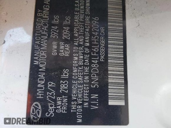 2020 Hyundai Elantra SEL with VIN 5NPD84LF6LH542096, listed as a Copart auction lot 62504915 with 86,911 mi miles and Salvage title. Bid and sale history available at DreamBid. Image 12.