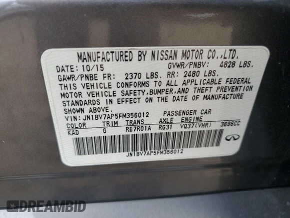 2015 Infiniti Q50 with VIN JN1BV7AP5FM356012, listed as a Copart auction lot 57848185 with 98,204 mi miles and Salvage title. Bid and sale history available at DreamBid. Image 12.