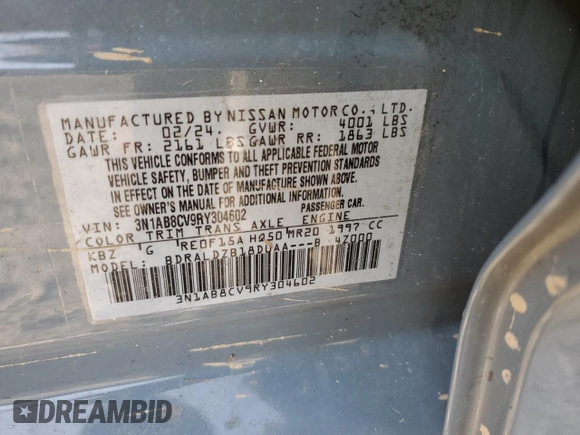 2024 Nissan Sentra SV with VIN 3N1AB8CV9RY304602, listed as a Copart auction lot 46911915 with 29,313 mi miles and Salvage Title. Bid and sale history available at DreamBid. Image 13.