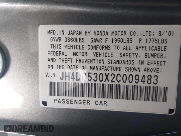 2002 Acura RSX Type S with VIN JH4DC530X2C009483, listed as a IAAI auction lot 41745800 with 156,099 mi miles. Bid and sale history available at carsss.com. Image 9.