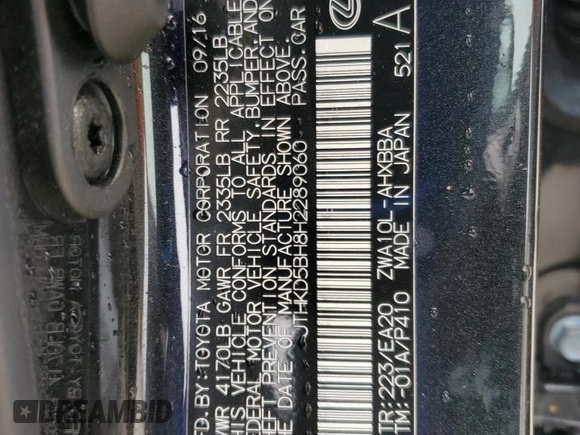 2017 Lexus CT 200h with VIN JTHKD5BH8H2289060, listed as a Copart auction lot 55326975 with 97,580 mi miles and Salvage title. Bid and sale history available at DreamBid. Image 12.