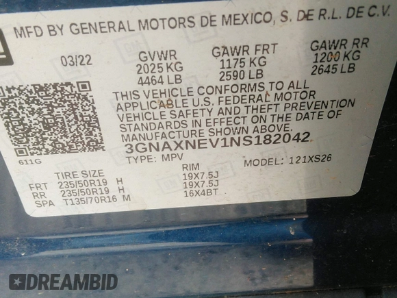 2022 Chevrolet Equinox Premier z VIN 3GNAXNEV1NS182042, wystawiony jako IAAI lot #42340232 z przebiegiem 26 052 mil mil oraz . Historia ofert i sprzedaży dostępna na DreamBid. Obrazek 9.