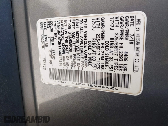 2016 Nissan Rogue S with VIN JN8AT2MT1GW017218, listed as a IAAI auction lot 41739158 with 116,455 mi miles and . Bid and sale history available at DreamBid. Image 9.