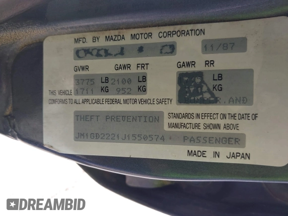 1988 Mazda 626 z VIN JM1GD2221J1550574, wystawiony jako IAAI lot #42415062 z przebiegiem 190 747 mil mil oraz . Historia ofert i sprzedaży dostępna na DreamBid. Obrazek 9.