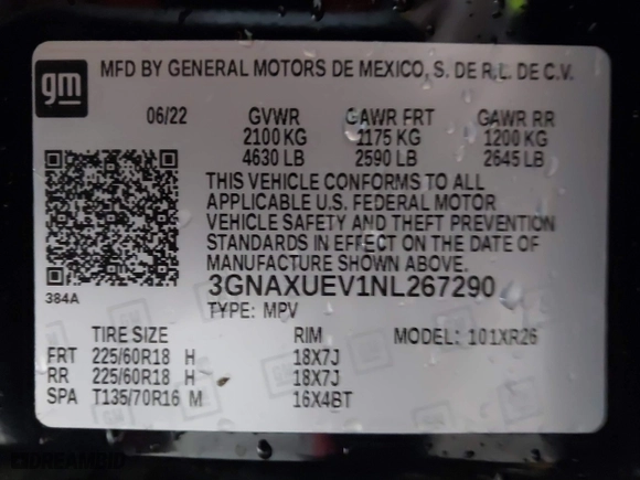 2022 Chevrolet Equinox LT with VIN 3GNAXUEV1NL267290, listed as a IAAI auction lot 41265781 with 17,593 mi miles. Bid and sale history available at carsss.com. Image 9.