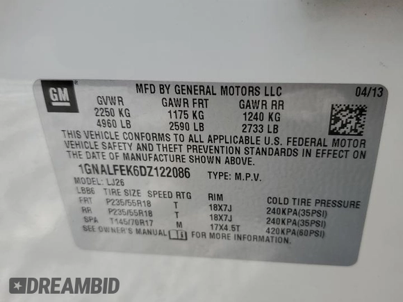 2013 Chevrolet Equinox LTZ with VIN 1GNALFEK6DZ122086, listed as a Copart auction lot 45627615 with 178,977 mi miles and Salvage Title. Bid and sale history available at carsss.com. Image 13.