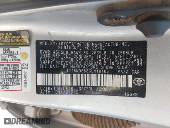 2006 Toyota Avalon XL with VIN 4T1BK36B66U148406, listed as a IAAI auction lot 41992051 with 247,109 mi miles and . Bid and sale history available at carsss.com. Image 9.