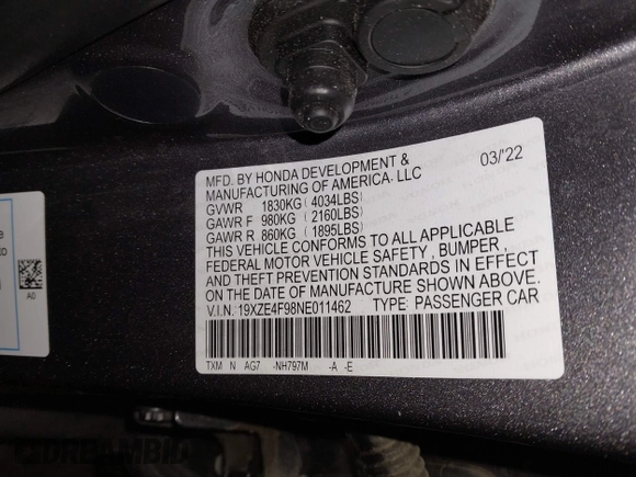 2022 Honda Insight Touring with VIN 19XZE4F98NE011462, listed as a IAAI auction lot 41620374 with 20,078 mi miles and . Bid and sale history available at DreamBid. Image 9.