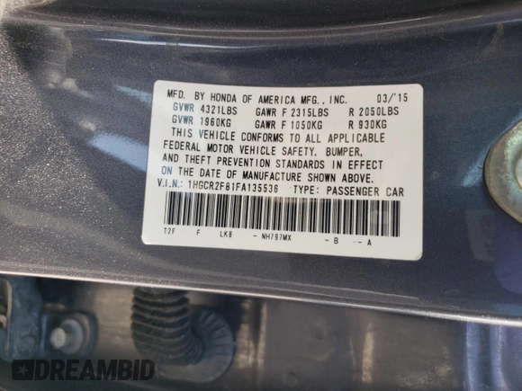 2015 Honda Accord EX-L с VIN 1HGCR2F81FA135536, выставлен на аукционе Copart как лот 55122795 с пробегом Не указан миль и Списание • Salvage title. История ставок и продаж доступна на DreamBid. Изображение 13.