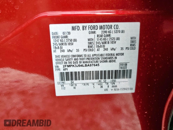 2020 Ford Edge SEL with VIN 2FMPK3J94LBA97645, listed as a Copart auction lot 59219625 with 43,349 mi miles and Salvage title. Bid and sale history available at DreamBid. Image 13.