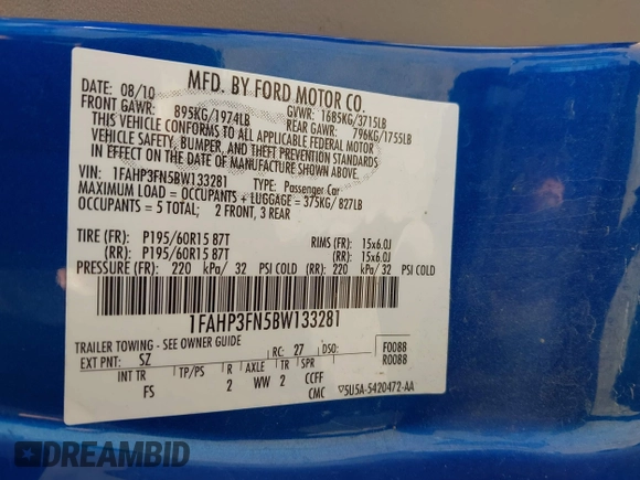 2011 Ford Focus SE with VIN 1FAHP3FN5BW133281, listed as a IAAI auction lot 42134041 with 191,006 mi miles and . Bid and sale history available at DreamBid. Image 9.