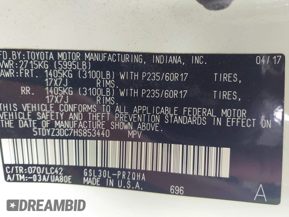 2017 Toyota Sienna XLE Auto Access Seat with VIN 5TDYZ3DC7HS853440, listed as a IAAI auction lot 41541247 with 76,905 mi miles and . Bid and sale history available at DreamBid. Image 9.