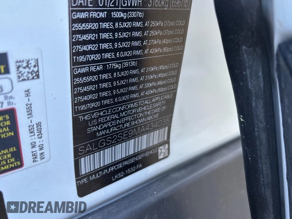 2021 Land Rover Range Rover P525 Westminster with VIN SALGS2SE9MA434035, listed as a Copart auction lot 89409765 with 6,542 mi miles and Salvage title. Bid and sale history available at DreamBid. Image 10.