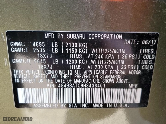 2017 Subaru Outback Touring with VIN 4S4BSATC9H3436401, listed as a Copart auction lot 86352724 with 12,048 mi miles and Salvage Title. Bid and sale history available at carsss.com. Image 13.
