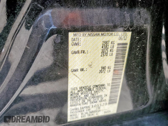 2013 Nissan Altima SV with VIN 1N4BL3AP9DC105529, listed as a Copart auction lot 61387585 with 200,113 mi miles and Salvage title. Bid and sale history available at DreamBid. Image 13.