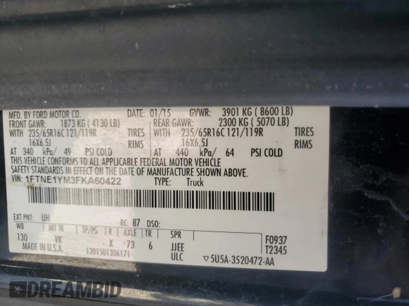 2015 Ford Transit Cargo with VIN 1FTNE1YM3FKA60422, listed as a Copart auction lot 71601144 with 227,859 mi miles and Clean Title. Bid and sale history available at DreamBid. Image 13.
