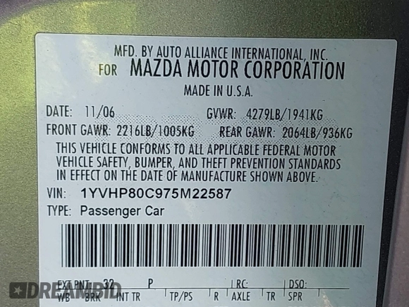 2007 Mazda Mazda6 i Sport VE with VIN 1YVHP80C975M22587, listed as a IAAI auction lot 41903888 with 170,631 mi miles. Bid and sale history available at carsss.com. Image 9.