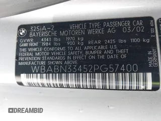 2002 BMW 3 Series 325Ci with VIN WBABN33452PG57400, listed as a IAAI auction lot 41947295 with 230,196 mi miles and . Bid and sale history available at DreamBid. Image 9.