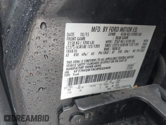 2016 Ford F-250 Lariat with VIN 1FT7W2BT8GEB22408, listed as a IAAI auction lot 42295696 with 170,171 mi miles and . Bid and sale history available at DreamBid. Image 9.
