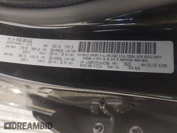 2020 Ram 1500 Limited with VIN 1C6SRFHT2LN147306, listed as a IAAI auction lot 42310509 with 74,087 mi miles and . Bid and sale history available at DreamBid. Image 9.