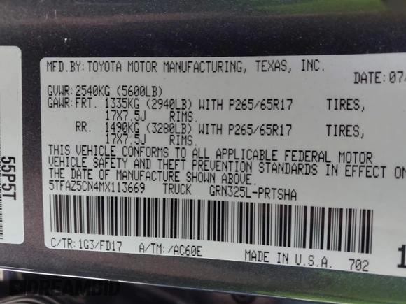 2021 Toyota Tacoma SR5 with VIN 5TFAZ5CN4MX113669, listed as a IAAI auction lot 42468007 with 29,368 mi miles and . Bid and sale history available at DreamBid. Image 9.