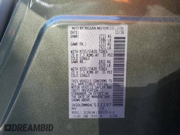 2017 Infiniti QX60 with VIN 5N1DL0MM6HC513197, listed as a Copart auction lot 48238615 with 101,015 mi miles and Salvage Title. Bid and sale history available at DreamBid. Image 13.