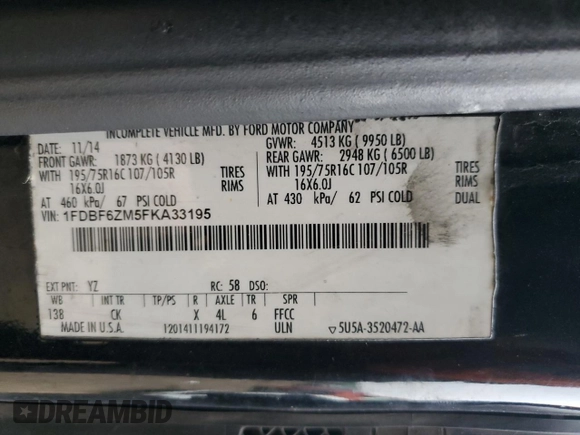 2015 Ford Transit with VIN 1FDBF6ZM5FKA33195, listed as a Copart auction lot 44273595 with 202,742 mi miles and Clean Title. Bid and sale history available at DreamBid. Image 12.
