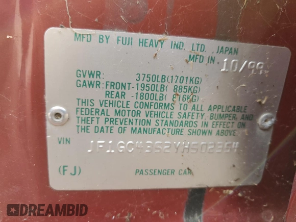 2000 Subaru Impreza L с VIN JF1GC4352YH502354, выставлен на аукционе Copart как лот 78105594 с пробегом 158 181 миль миль и На запчасти • Non repairable. История ставок и продаж доступна на DreamBid. Изображение 12.