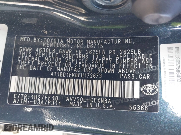 2015 Toyota Camry LE z VIN 4T1BD1FK8FU172673, wystawiony jako IAAI lot #41780228 z przebiegiem 171 308 mil mil oraz . Historia ofert i sprzedaży dostępna na DreamBid. Obrazek 9.