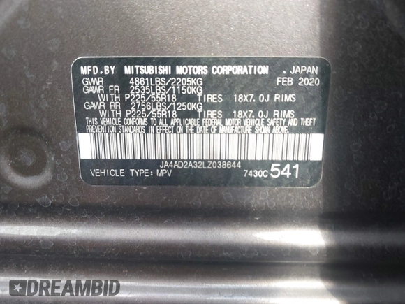 2020 Mitsubishi Outlander ES with VIN JA4AD2A32LZ038644, listed as a IAAI auction lot 42106213 with 61,919 mi miles and . Bid and sale history available at DreamBid. Image 9.