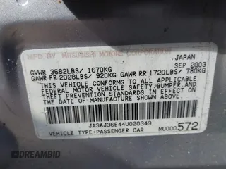 2004 Mitsubishi Lancer LS with VIN JA3AJ36E44U020349, listed as a IAAI auction lot 41714325 with 1 mi miles. Bid and sale history available at carsss.com. Image 9.