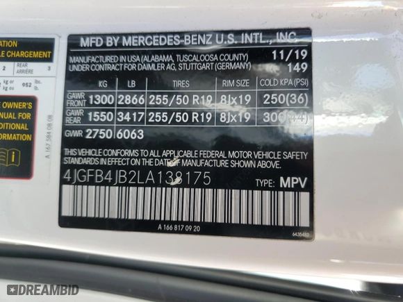 2020 Mercedes-Benz GLE with VIN 4JGFB4JB2LA138175, listed as a Copart auction lot 51482255 with 55,496 mi miles and Salvage Title. Bid and sale history available at carsss.com. Image 14.
