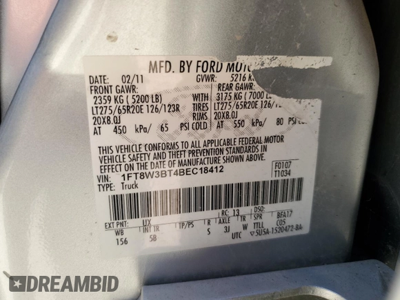 2011 Ford F-350 XL with VIN 1FT8W3BT4BEC18412, listed as a Copart auction lot 54521035 with 152,413 mi miles and Clean Title. Bid and sale history available at DreamBid. Image 12.