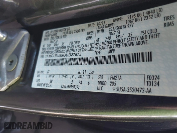2016 Ford Escape Titanium with VIN 1FMCU9J99GUB27573, listed as a IAAI auction lot 42445457 with 156,784 mi miles and . Bid and sale history available at DreamBid. Image 9.