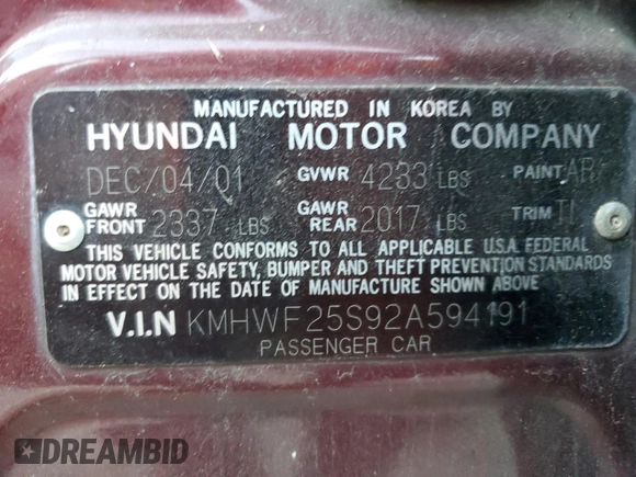 2002 Hyundai Sonata with VIN KMHWF25S92A594191, listed as a Copart auction lot 82521834 with 119,553 mi miles and Salvage Title. Bid and sale history available at carsss.com. Image 12.
