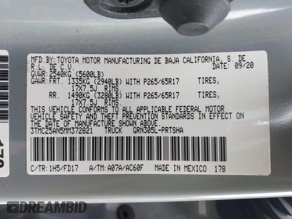 2021 Toyota Tacoma SR z VIN 3TMCZ5AN5MM372821, wystawiony jako IAAI lot #41886586 z przebiegiem 68 878 mil mil oraz . Historia ofert i sprzedaży dostępna na DreamBid. Obrazek 9.