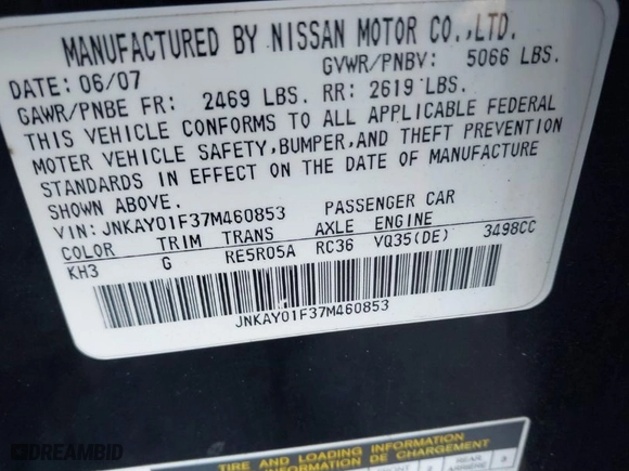 2007 Infiniti M35 x with VIN JNKAY01F37M460853, listed as a IAAI auction lot 41763209 with 999,999 mi miles. Bid and sale history available at carsss.com. Image 9.