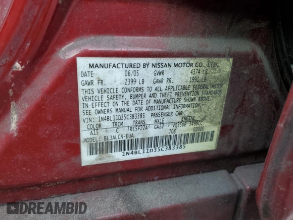 2005 Nissan Altima SL with VIN 1N4BL11D35C383385, listed as a Copart auction lot 48115415 with 291,403 mi miles and Salvage title. Bid and sale history available at DreamBid. Image 13.