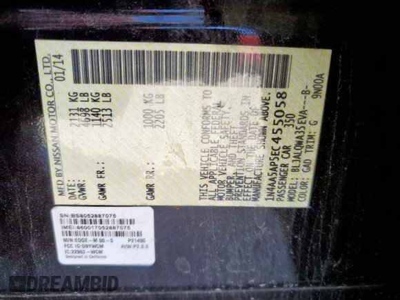 2014 Nissan Maxima S with VIN 1N4AA5AP5EC455058, listed as a Copart auction lot 61347735 with 192,500 mi miles and Clean title. Bid and sale history available at DreamBid. Image 12.