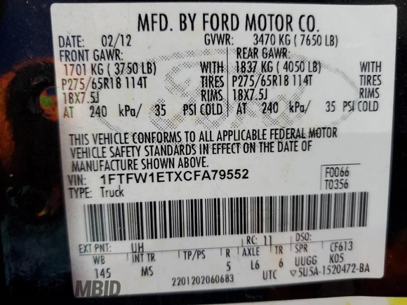 2012 Ford F-150 XL with VIN 1FTFW1ETXCFA79552, listed as a Copart auction lot 47352685 with 176,559 mi miles and Salvage Title. Bid and sale history available at carsss.com. Image 12.