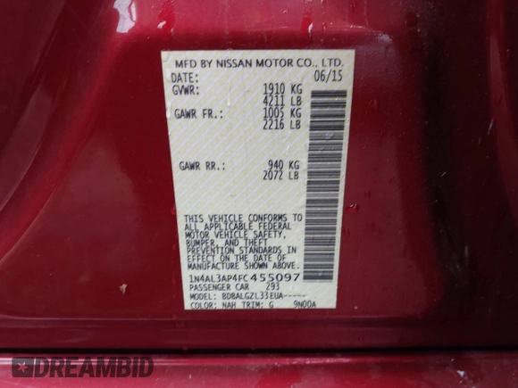 2015 Nissan Altima S with VIN 1N4AL3AP4FC455097, listed as a IAAI auction lot 41530847 with 162,763 mi miles and . Bid and sale history available at DreamBid. Image 9.