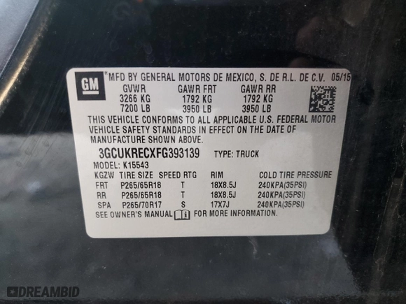 2015 Chevrolet Silverado 1500 LT with VIN 3GCUKRECXFG393139, listed as a Copart auction lot 46625015 with 111,101 mi miles and Salvage Title. Bid and sale history available at carsss.com. Image 12.