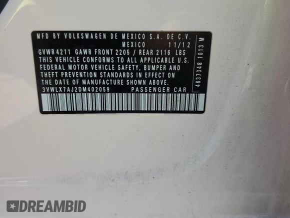 2013 Volkswagen Jetta SEL with VIN 3VWLX7AJ2DM402059, listed as a Copart auction lot 43459935 with 175,130 mi miles and Salvage title. Bid and sale history available at DreamBid. Image 12.