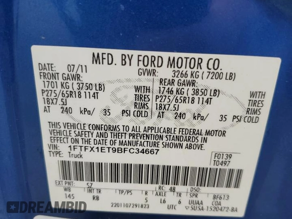 2011 Ford F-150 XL with VIN 1FTFX1ET9BFC34667, listed as a Copart auction lot 58764555 with 205,130 mi miles and Clean title. Bid and sale history available at DreamBid. Image 12.