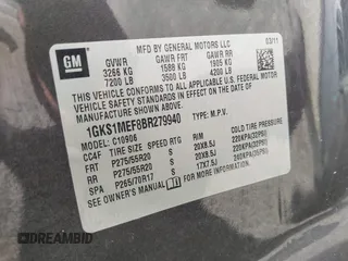 2011 GMC Yukon XL Denali with VIN 1GKS1MEF8BR279940, listed as a IAAI auction lot 41971157 with 218,597 mi miles. Bid and sale history available at carsss.com. Image 9.