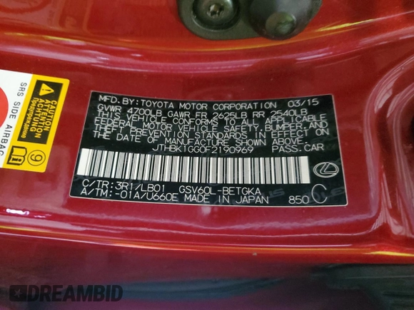 2015 Lexus ES 330 with VIN JTHBK1GG0F2190969, listed as a Copart auction lot 53207085 with 101,070 mi miles and Salvage Title. Bid and sale history available at DreamBid. Image 14.